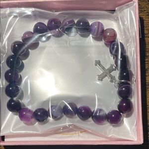 Purple Beaded Bracelet with Silver Cross Charm